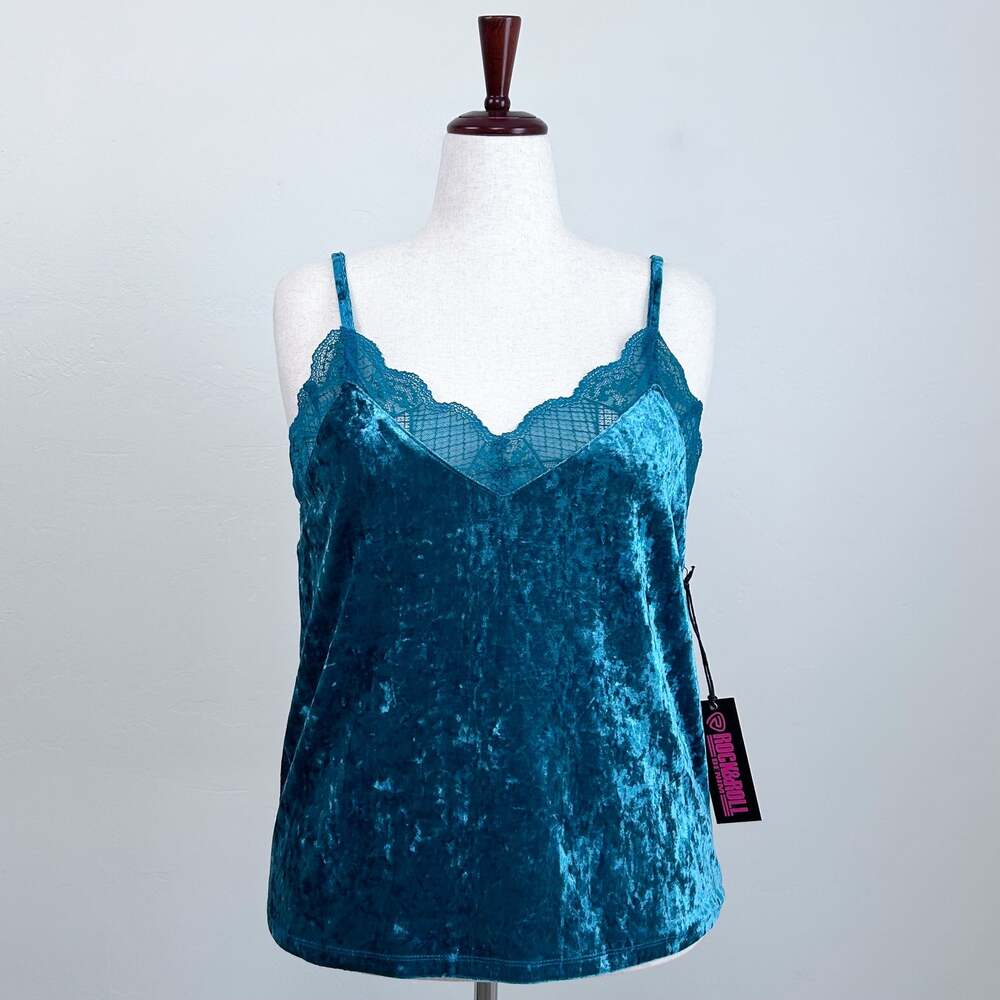 Rock & Roll Denim XL Blue Teal Sexy V-Neck Lace Trim Crushed Velvet Camisole NWT